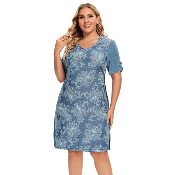 Women's Plus Size Denim Dress Summer Slim Fit Dress Casual Dress Printed Woven Denim Short Sleeve Knee-Length