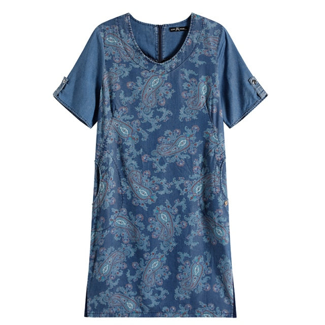 Women's Plus Size Denim Dress Summer Slim Fit Dress Casual Dress Printed Woven Denim Short Sleeve Knee-Length