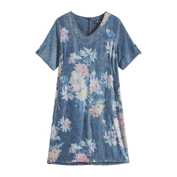 Women's Plus Size Denim Dress Summer Slim Fit Dress Casual Dress Printed Woven Denim Short Sleeve Knee-Length