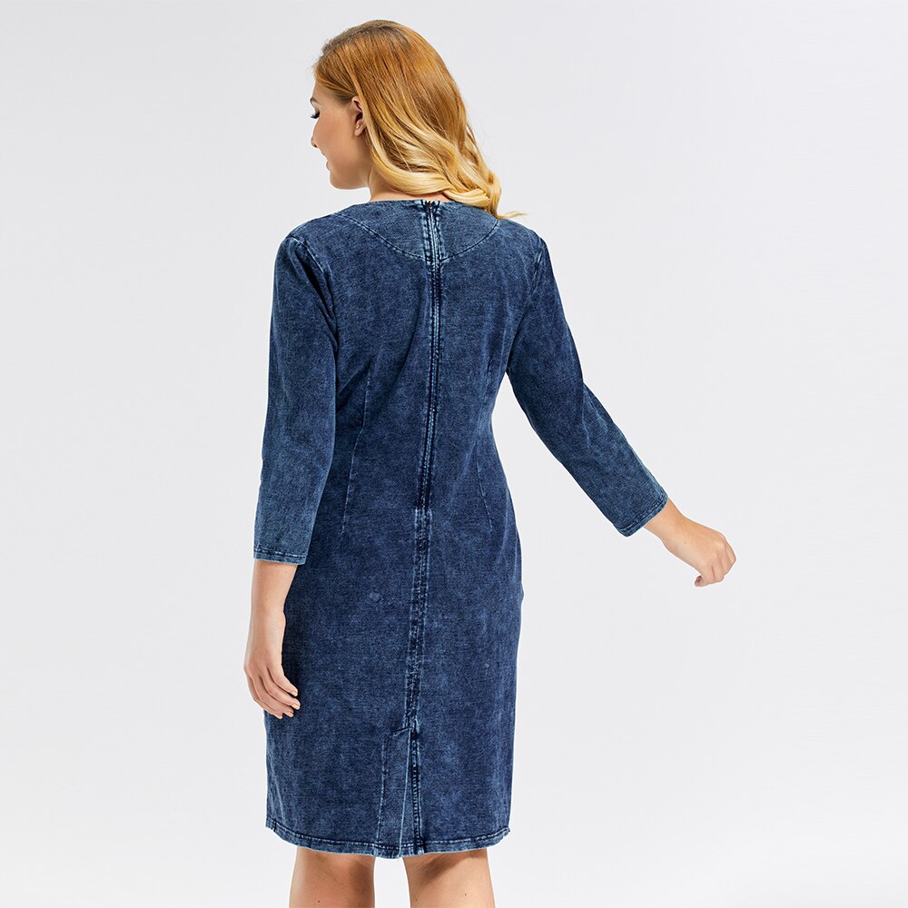 Women's Plus Size Denim Dress Elasticity Knitted Denim Dresses Slim Fit Casual Dress  Knee-Length Midi Dress