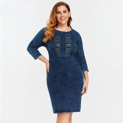 New Fashion Plus Size Denim Dress Solid Tassel Sequined Glitter Stitching Seven-minute Sleeved Dress For Female