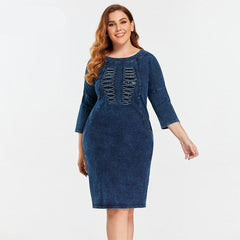 New Fashion Plus Size Denim Dress Solid Tassel Sequined Glitter Stitching Seven-minute Sleeved Dress For Female