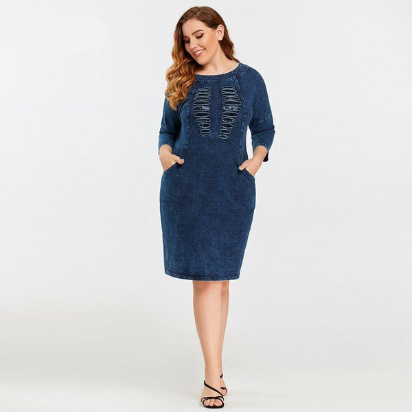 New Fashion Plus Size Denim Dress Solid Tassel Sequined Glitter Stitching Seven-minute Sleeved Dress For Female