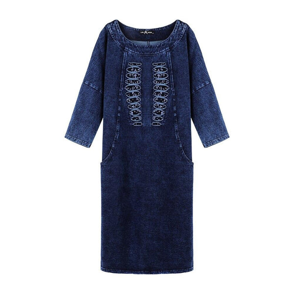 New Fashion Plus Size Denim Dress Solid Tassel Sequined Glitter Stitching Seven-minute Sleeved Dress For Female
