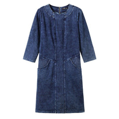 Women's Plus Size Denim Dress Elasticity  Knitted Denim Dresses Slim Fit Casual Dress Shoulder Pads Midi Dress