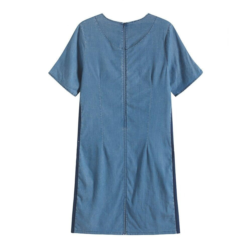 Women's Plus Size Denim Dress Summer Slim Fit Dress Casual Dress Printed Woven Denim Short Sleeve Knee-Length