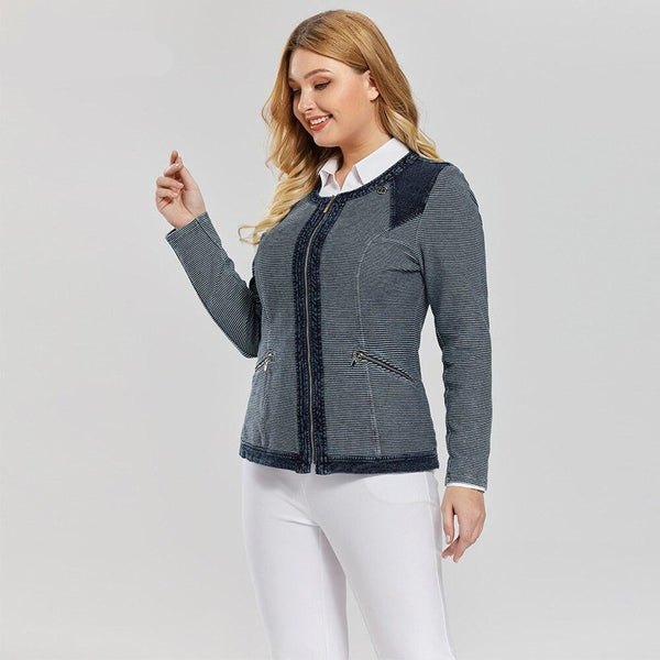 Women's Plus Size Casual Fashion Denim Jacket Premium Stretch Knitted Denim with shoulder pads