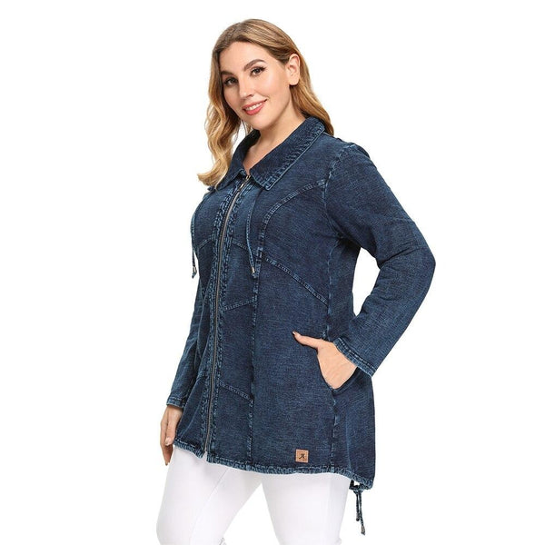 Women's Plus Size Casual Long Style Slim Denim Jacket for Woman Premium Stretch Knitted Denim with Shoulder Pads