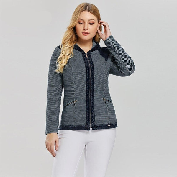 Women's Plus Size Casual Denim Jacket Premium Stretch Knitted Denim with shoulder pads and hat