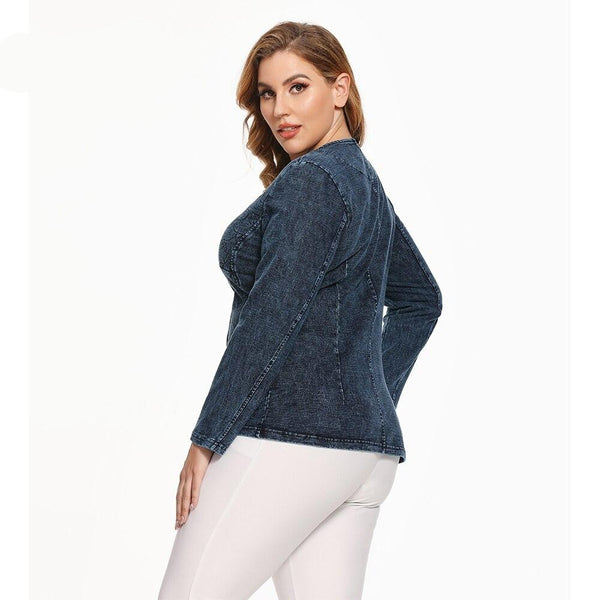 Women's Jacket Plus Size Casual Denim Jacket Premium Stretch Knitted  Denim Blouses with Shoulder Pads Chaquetas
