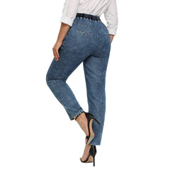 Women's Plus Size Casual Jeans High Flexibility Cotton Woven Thin Denim Trousers Softener Jeans with Elastic Waist