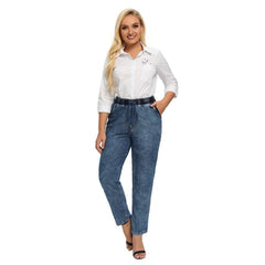 Women's Plus Size Casual Jeans High Flexibility Cotton Woven Thin Denim Trousers Softener Jeans with Elastic Waist