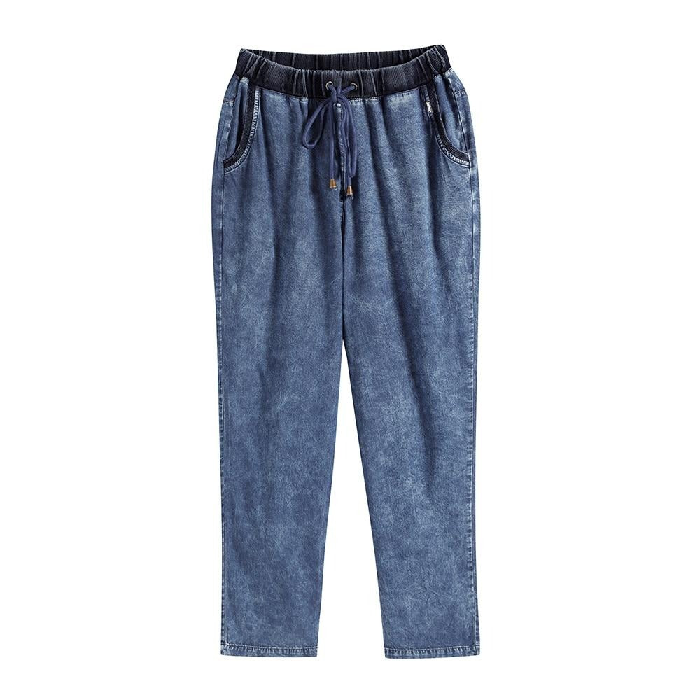 Women's Plus Size Casual Jeans High Flexibility Cotton Woven Thin Denim Trousers Softener Jeans with Elastic Waist