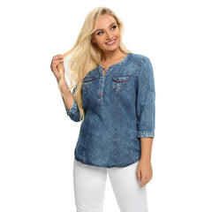 Women's Blouses Plus Size Denim Tops Shirt Spring Slim Fit Shirt Casual Shirt Woven Denim Three QuarterSleeve Blouses