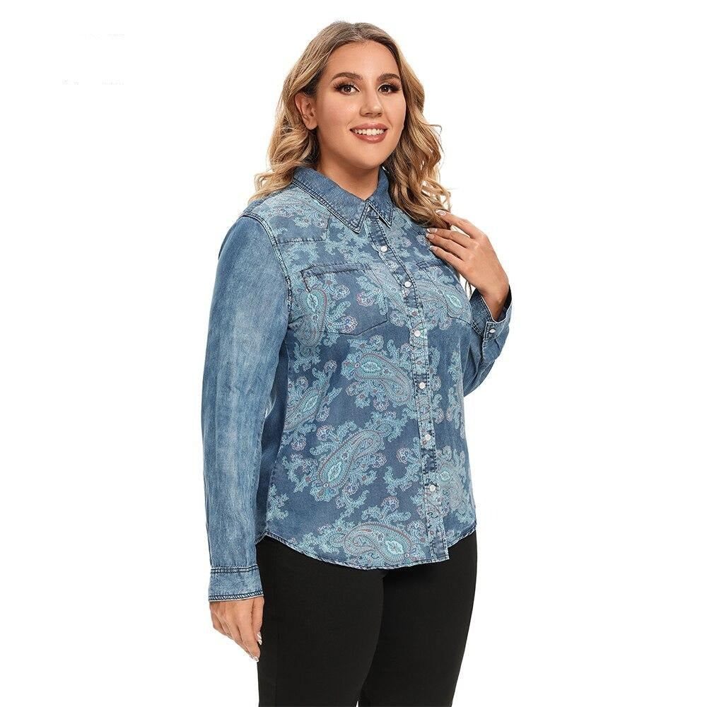 Women's Blouses Plus Size Cotton Woven Denim Shirt Button Up Long Sleeve Turn-Down Collar Female Casual Fashion Blouses