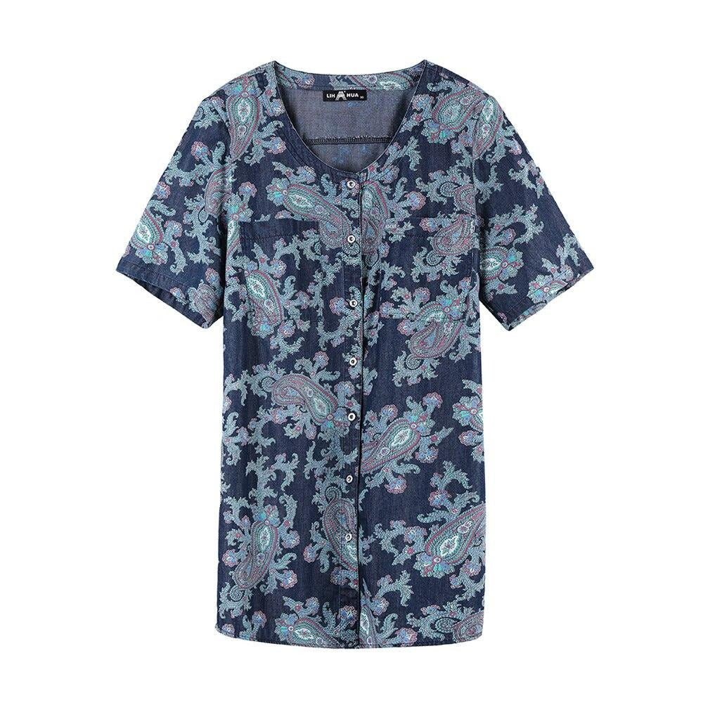 Women's Blouses Plus Size Denim Tops Shirt Summer Shirt Casual Sleeve Shirt Printed Woven Denim Short Sleeve with Sashes