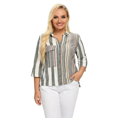 Women's Plus Size Spring Cotton Striped Shirt With Pockets And Button Lapel Casual Top