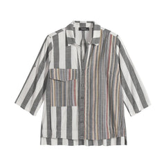 Women's Plus Size Spring Cotton Striped Shirt With Pockets And Button Lapel Casual Top