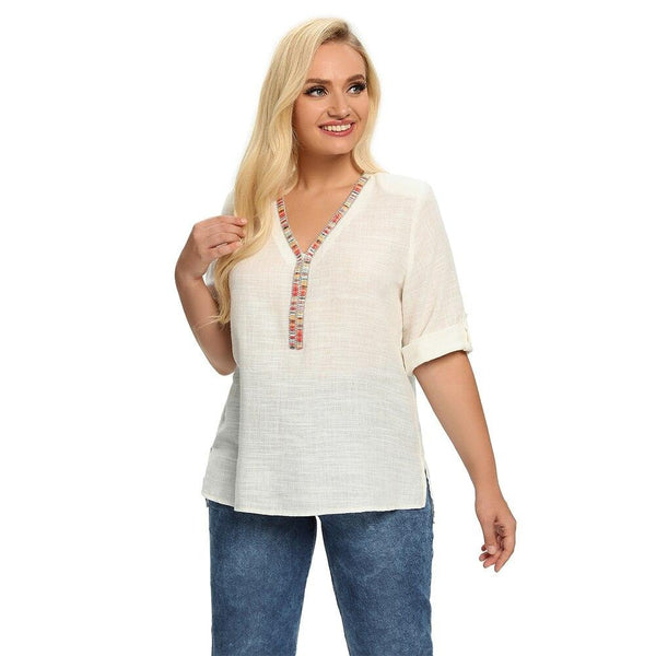 Women's Plus Size Spring And Summer Cotton Top With Sequined V-Neck Casual Top