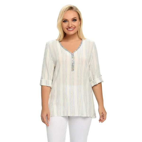 Women's Plus Size Spring And Summer Striped Cotton Top With Sequined V-Neck Casual Top