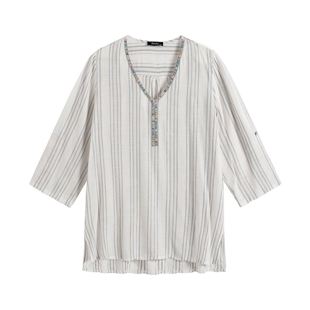 Women's Plus Size Spring And Summer Striped Cotton Top With Sequined V-Neck Casual Top