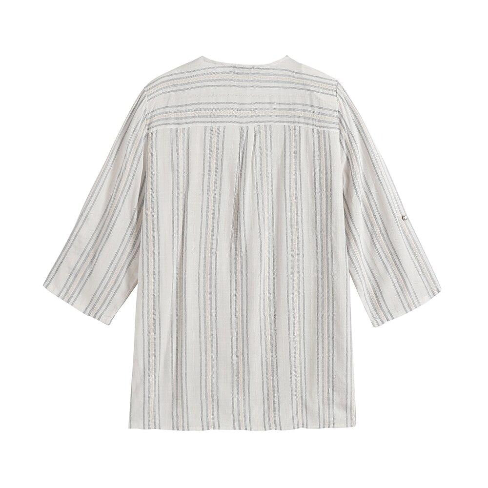 Women's Plus Size Spring And Summer Striped Cotton Top With Sequined V-Neck Casual Top