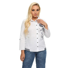 Women's Plus Size Spring Shirt With Elastic Printing And Beaded Lapel Tie Button Casual Top