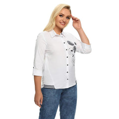 Women's Plus Size Spring Shirt With Elastic Printing And Beaded Lapel Tie Button Casual Top