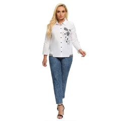 Women's Plus Size Spring Shirt With Elastic Printing And Beaded Lapel Tie Button Casual Top