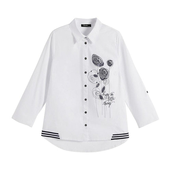 Women's Plus Size Spring Shirt With Elastic Printing And Beaded Lapel Tie Button Casual Top