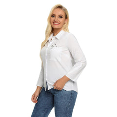 Women's  Plus Size Spring Shirt With Elastic Beaded Lapel Tie Button Casual Top