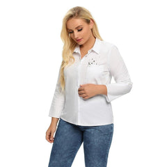 Women's  Plus Size Spring Shirt With Elastic Beaded Lapel Tie Button Casual Top