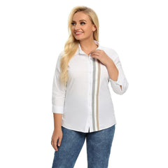 Women's Plus Size Spring Shirt With Elastic Lapel Tie Button With Sequin Casual Top