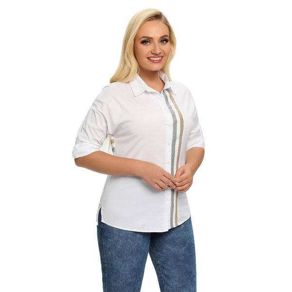 Women's Plus Size Spring Shirt With Elastic Lapel Tie Button With Sequin Casual Top