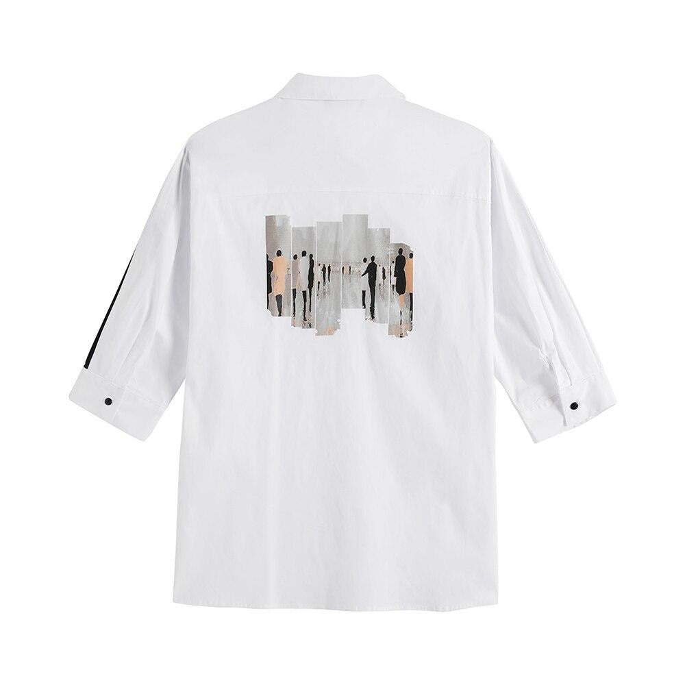 Women's Plus Size Spring Shirt With Elastic Lapel Tie Buttons Casual Printed Character Pattern Blouse