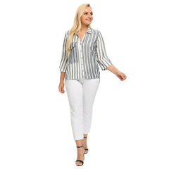 Women's Plus Size Spring Cotton Striped Shirt With Pockets And Button Lapel Casual Top