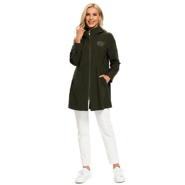 Women's Plus Size Windbreaker Mid-Length Hooded Jacket Spring And Autumn Loose Zipper Print Windbreaker