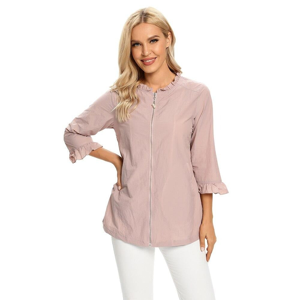 Women's Plus Size Windbreaker Mid-Length Round Neck Jacket Spring And Autumn Loose Zipper Windbreaker