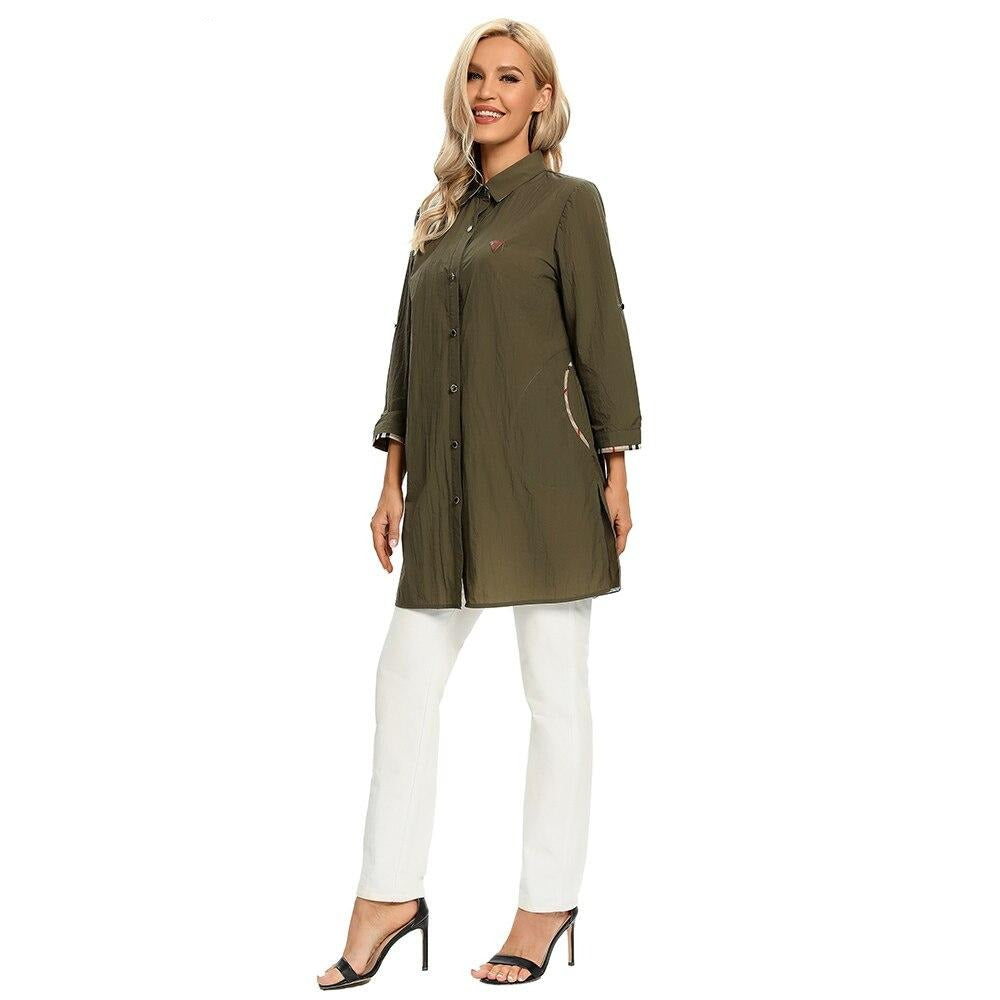 Women's Plus Size Windbreaker Mid-Length Lapel Shirt Spring And Autumn Loose Buttoned Windbreaker