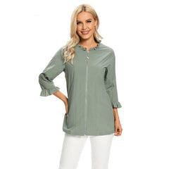 Women's Plus Size Windbreaker Mid-Length Round Neck Jacket Spring And Autumn Loose Zipper Windbreaker