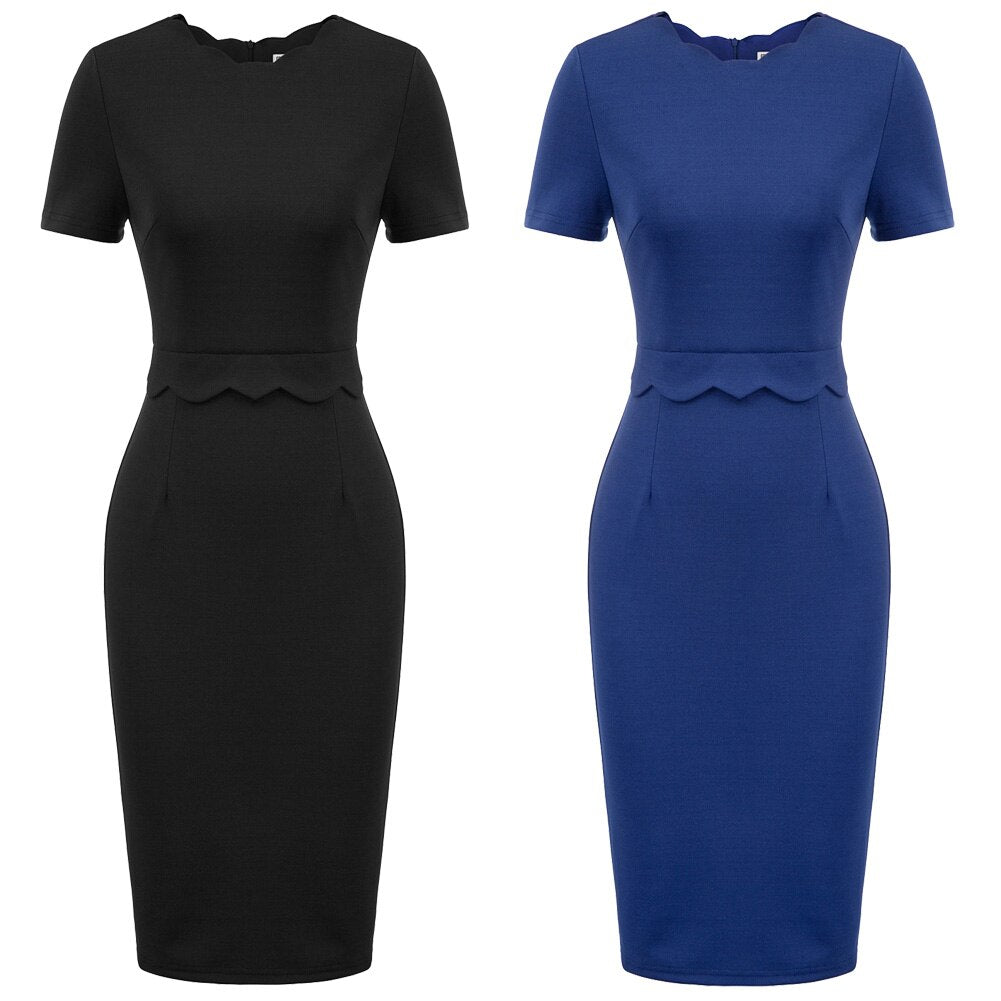 Women's Dress Solid Color Scalloped Neckline Hips-Wrapped Lady Fashion