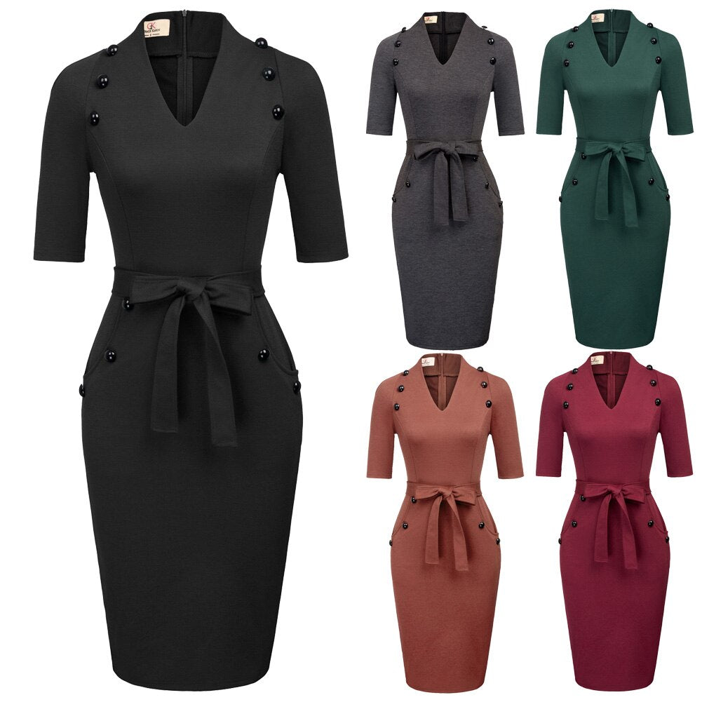 Womens Short Sleeves V-Neck Buttons Slim Fitting Bodycon Pencil Dress Straight