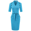 Womens Short Sleeves V-Neck Buttons Slim Fitting Bodycon Pencil Dress Straight