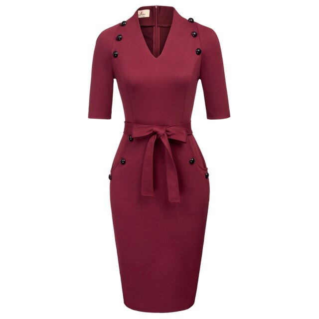 Womens Short Sleeves V-Neck Buttons Slim Fitting Bodycon Pencil Dress Straight