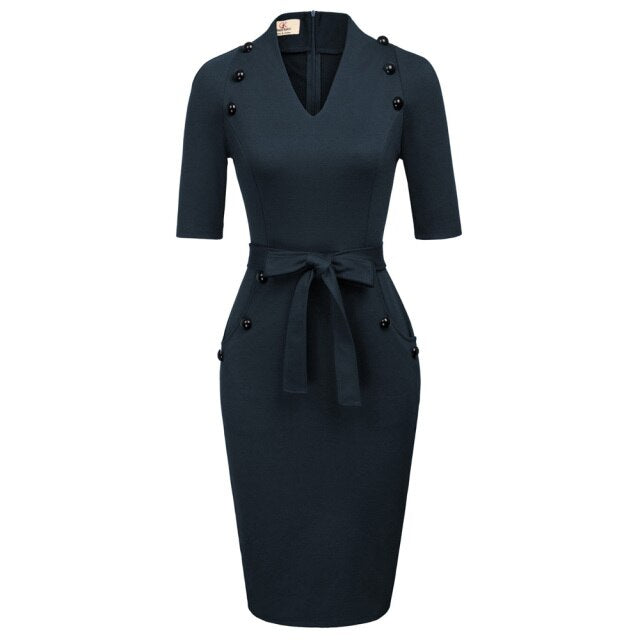 Womens Short Sleeves V-Neck Buttons Slim Fitting Bodycon Pencil Dress Straight