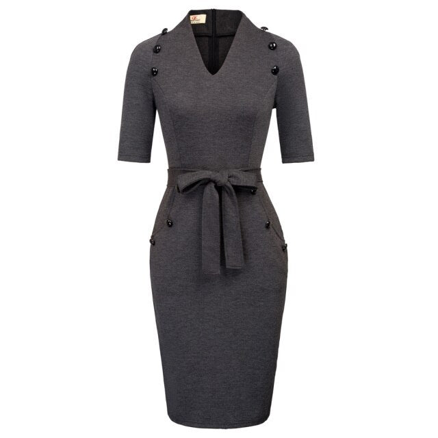 Womens Short Sleeves V-Neck Buttons Slim Fitting Bodycon Pencil Dress Straight