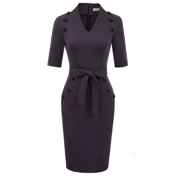 Womens Short Sleeves V-Neck Buttons Slim Fitting Bodycon Pencil Dress Straight