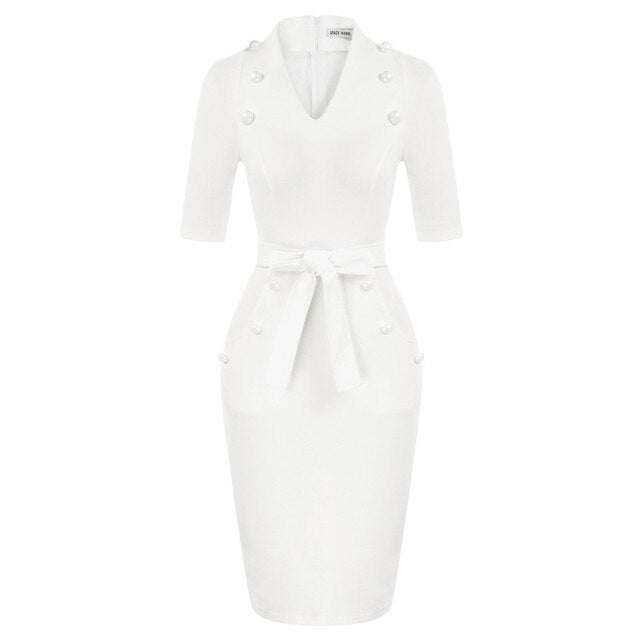 Womens Short Sleeves V-Neck Buttons Slim Fitting Bodycon Pencil Dress Straight