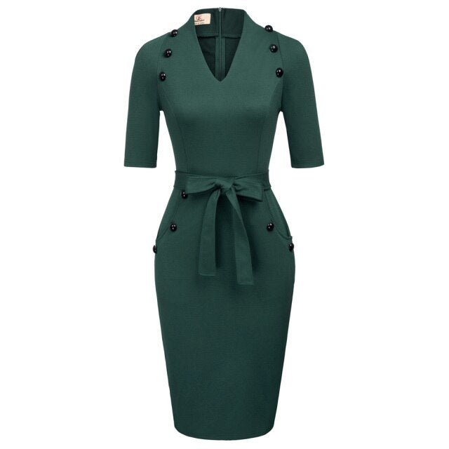 Womens Short Sleeves V-Neck Buttons Slim Fitting Bodycon Pencil Dress Straight