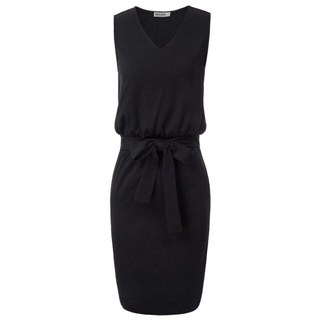 Elastic Dress Hips-wrapped No lining Women's Pencil Sleeveless V-Neck Belt